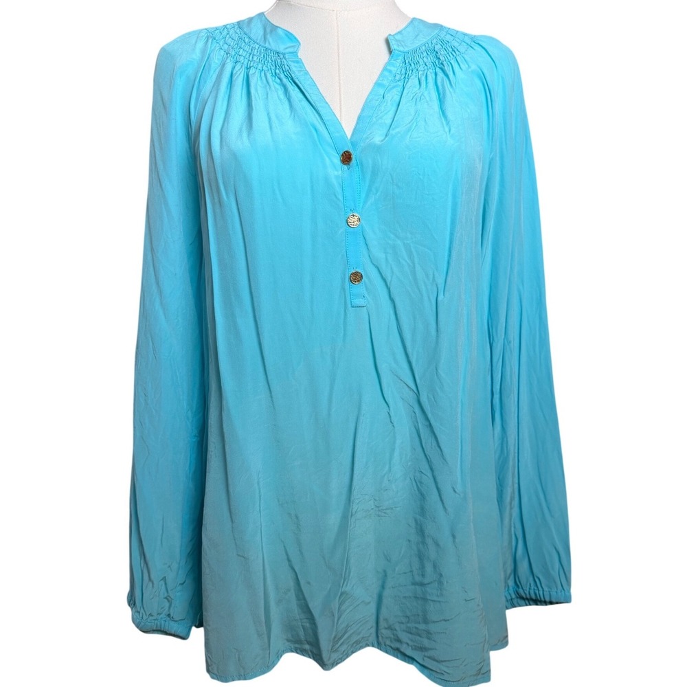 Lilly Pulitzer 100% Silk Aqua‎ Blue Tunic Blouse Gold Buttons M